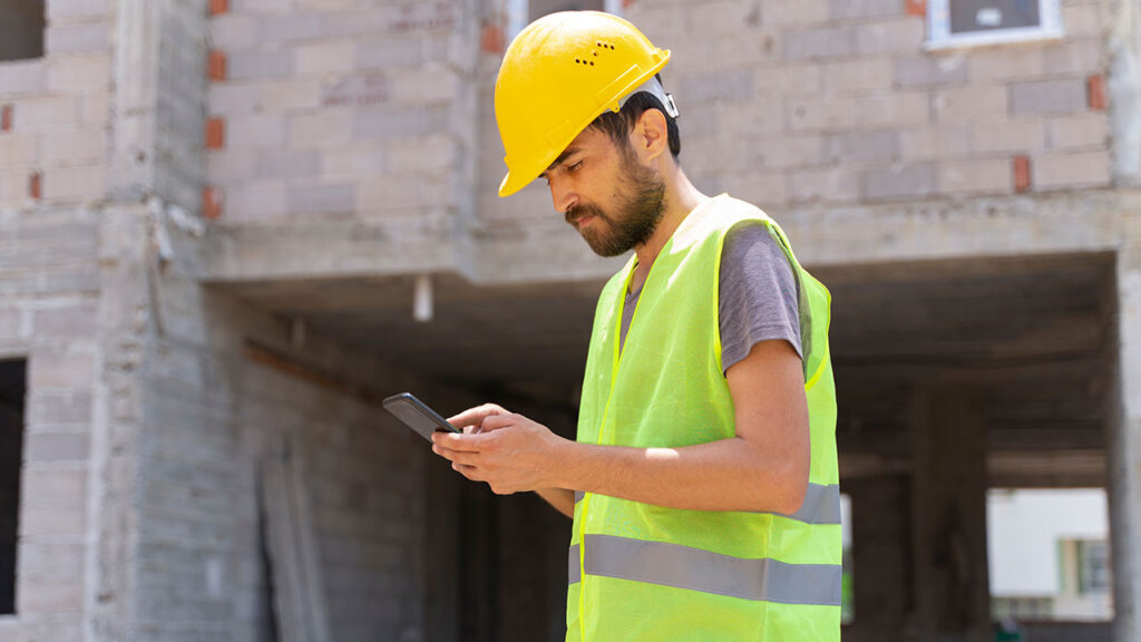 Un ouvrier en casque jaune et veste haute visibilité qui consulte son téléphone devant un bâtiment en construction